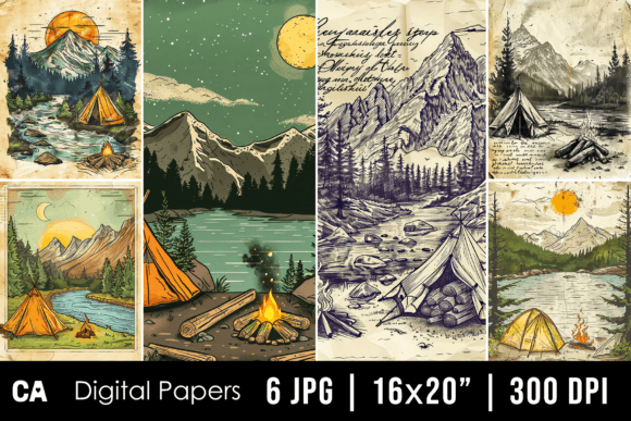 Camping Junk Journal Pages: Vintage Tent Backgrounds
