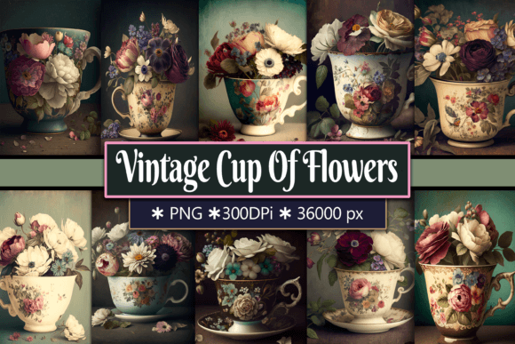 Charming Vintage Cup of Flowers Backgrounds for Designs