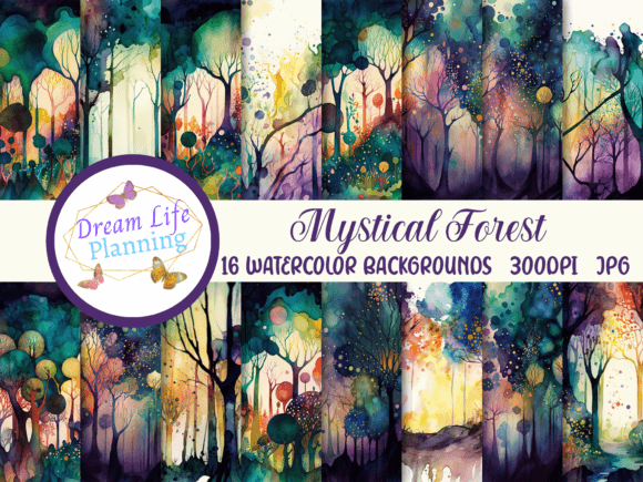 Mystical Forest Watercolor Backgrounds for Creative Projects