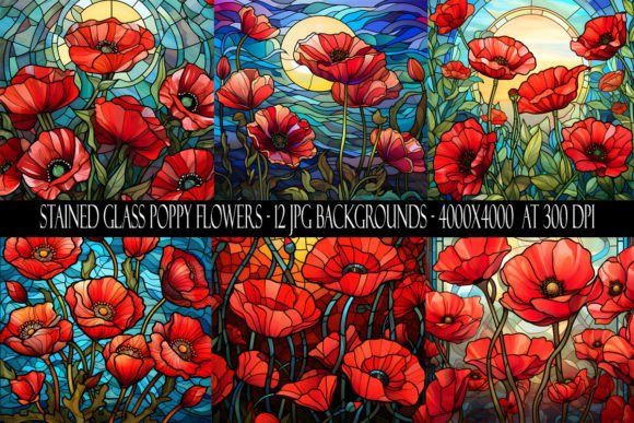 Stained Glass Poppy Flower Backgrounds for Digital Design